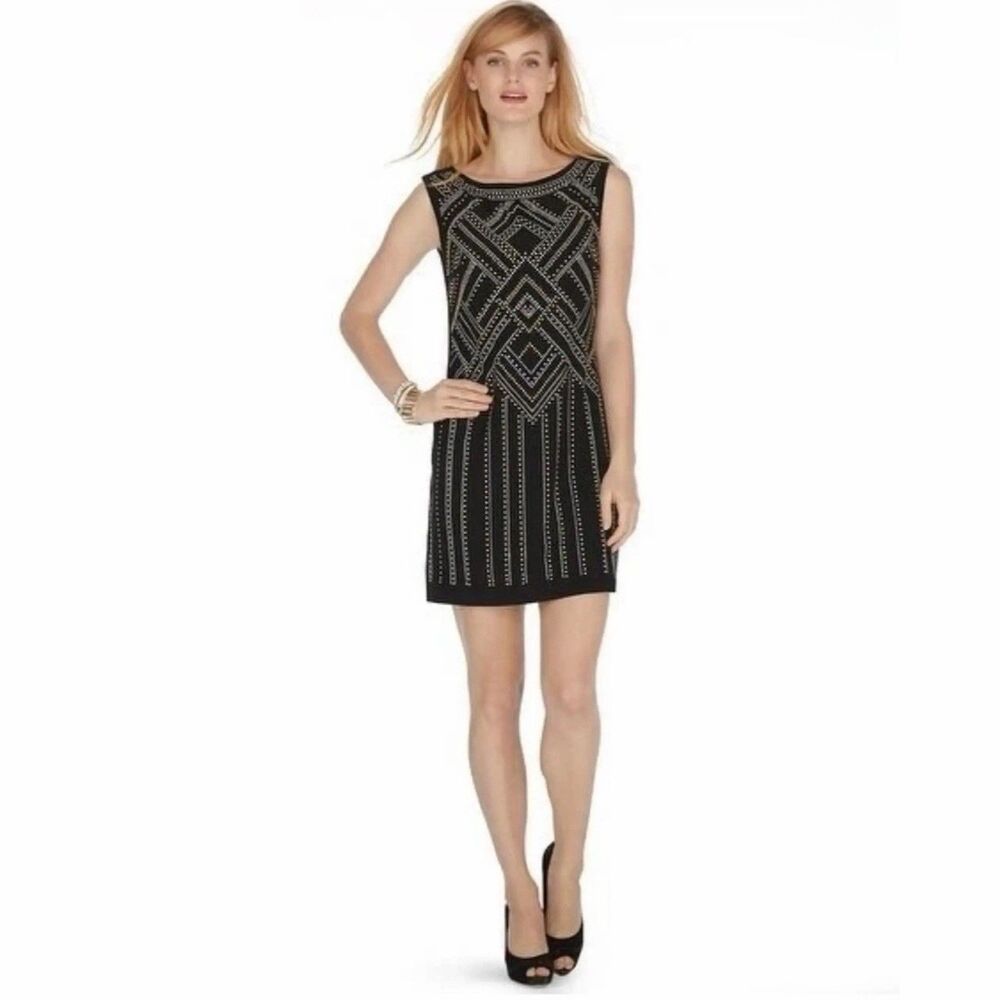 White House Black Market Art Deco Studded Black Cocktail Dress Sz XS NWT!!